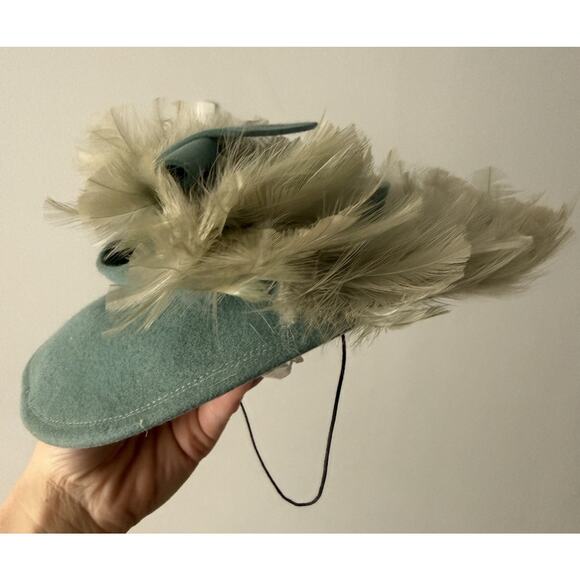 Vintage 1950s Feather Cocktail Tilt Hat Teal Felt Fascinator Germaine Montabert main image 4